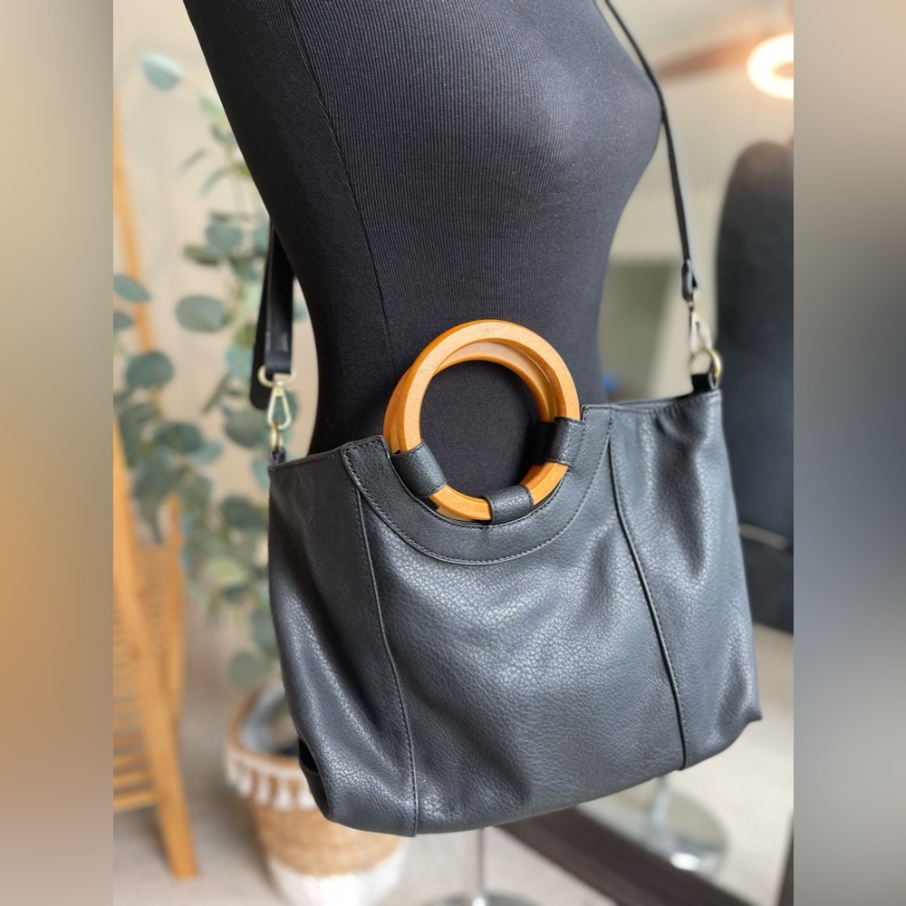 Anthropologie 'Amalia' Black Vegan Leather Wooden Handle